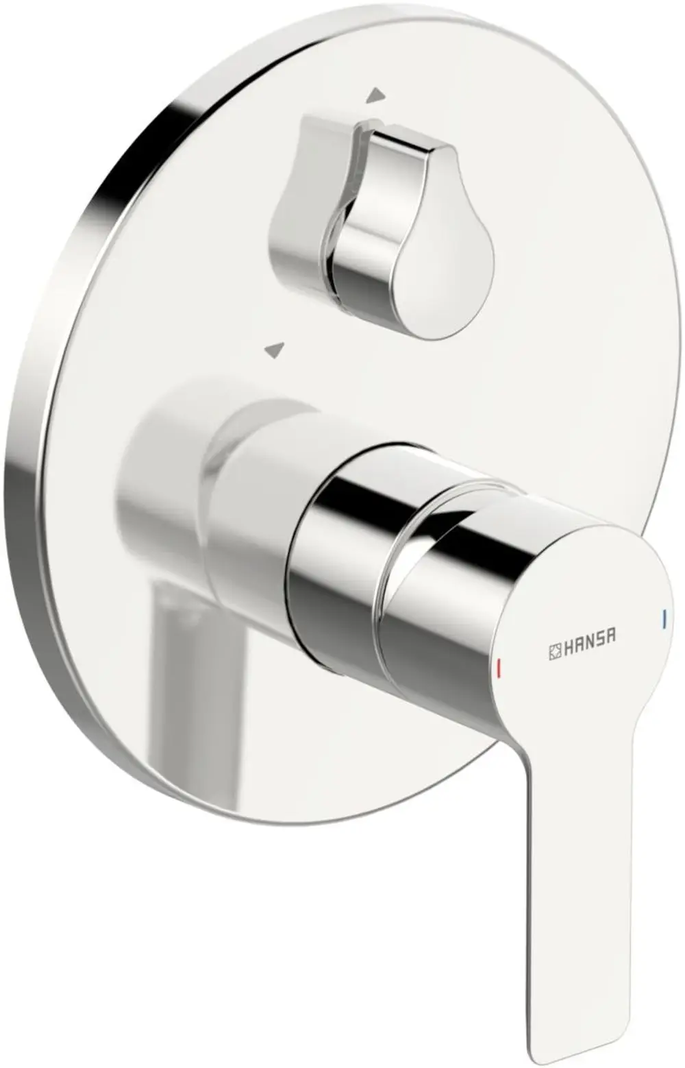 Einhebelmischer mit runder Rosette, ausgestattet mit einem Sicherungsmechanismus. Oberfläche in Chrom. Markenlogo Hansa sichtbar.